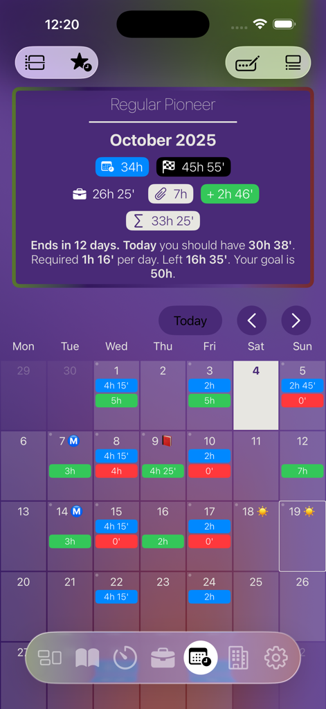 JW Service - JW Service app interface showing a monthly calendar for tracking ministry hours and goals