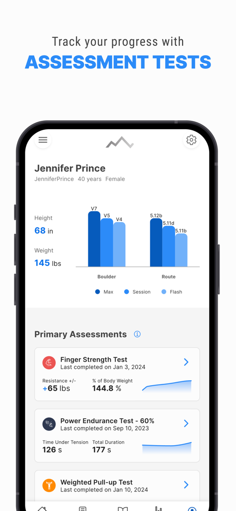 Crimpd - Crimpd app screen displaying rock climbing assessment tests and progress tracking charts
