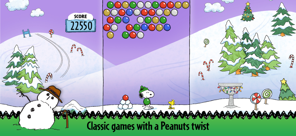 Snoopy and Woodstock playing a holiday themed bubble shooter game in a snowy landscape