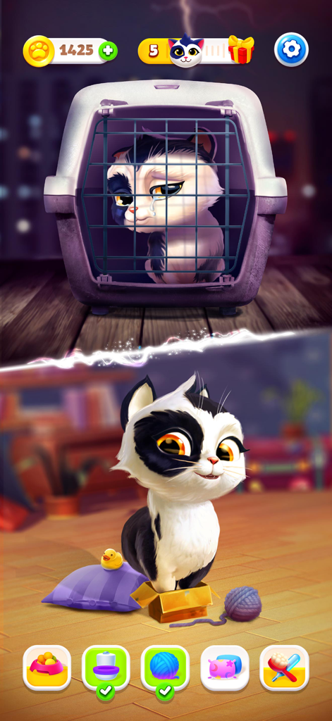 A split screen showing a sad kitten in a carrier being rescued and then a happy kitten playing with toys in the My Cat app