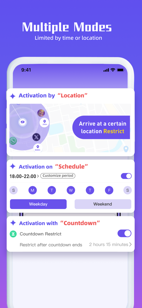Inside App Lock Manager screen showing app restriction settings for location, schedule, and countdown modes