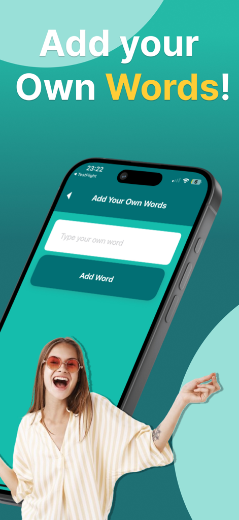 Screenshot of Hot Phrase app showing the feature to add your own custom words to the game
