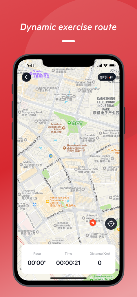 Smartphone screen showing the KS OS app tracking a dynamic exercise route on a map with pace and time data