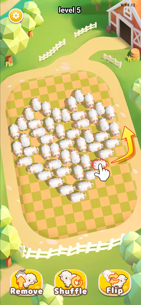 Une capture d'écran de jeu mobile de Sheep Away montrant des moutons blancs moelleux en forme de cœur sur une grille de puzzle sur le thème de la ferme.