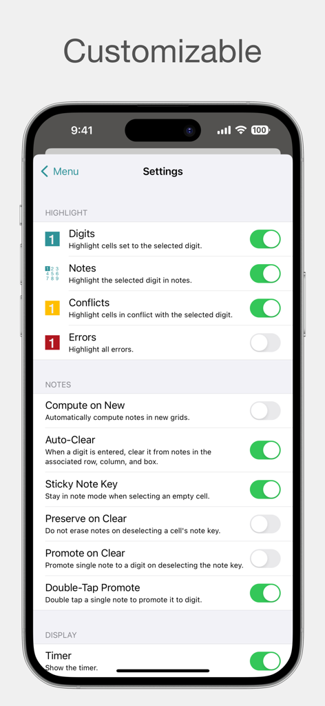 Menu de configurações do aplicativo de Sudoku mostrando opções personalizáveis de destaque e anotações