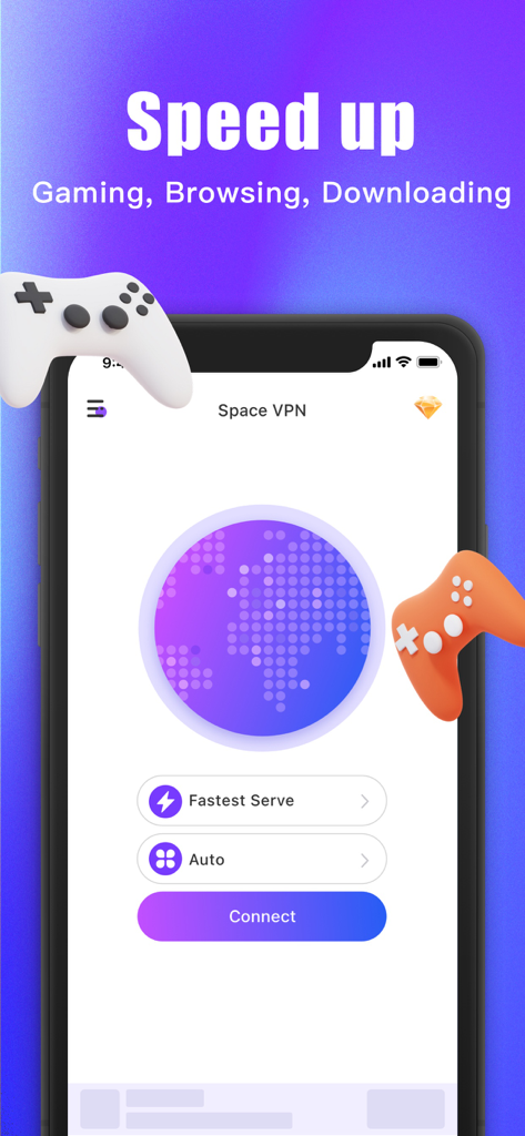 Interface do aplicativo Fast VPN exibindo um botão de conectar com um toque e a frase de efeito "otimização de velocidade para jogos"