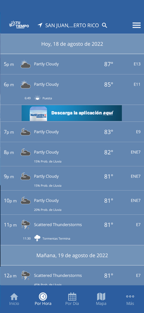 Tu Tiempo - Wapa - Hourly weather forecast screen for San Juan Puerto Rico in the Tu Tiempo Wapa app showing temperature and storm predictions.