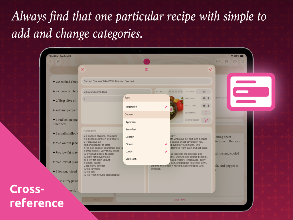 iPad interface of The Recipe Box app showing options to categorize and cross-reference recipes like dinner and breakfast.