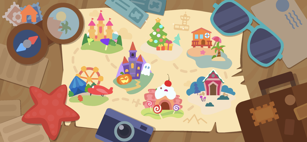 Airplane Games for Kids & Baby - A colorful map screen from the children's airplane game featuring various themed levels like a castle, beach house, and fairground surrounded by travel accessories.