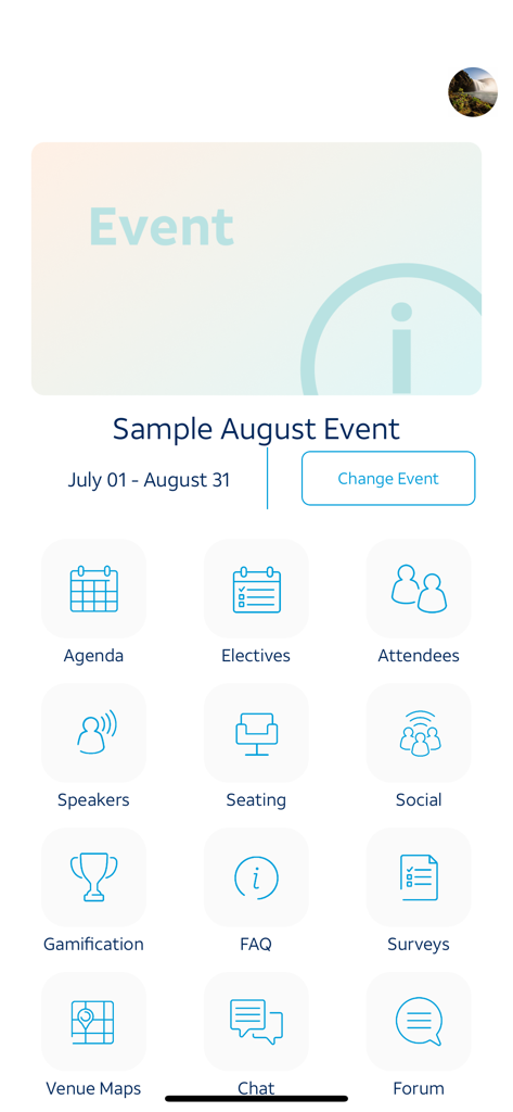 Tela inicial do aplicativo AT&T attend mostrando recursos de eventos corporativos como agenda, palestrantes e mapas do local