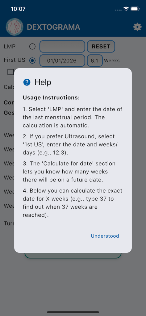 Dextograma - Modal de ayuda que muestra las instrucciones de uso para la aplicación calculadora de embarazo Dextograma.