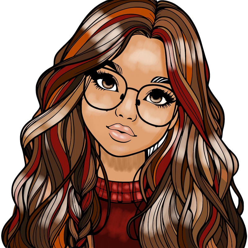 girl with long hair and freckles and glasses realistic