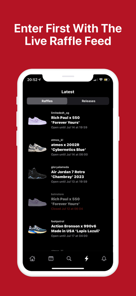 Interfaz de la aplicación Grails que muestra un feed en vivo de rifas de zapatillas y fechas de lanzamiento
