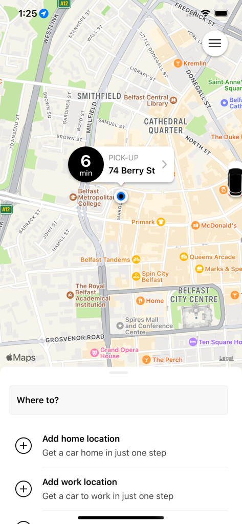 fonaCAB app interface showing a taxi pickup point on a Belfast city map with estimated arrival time