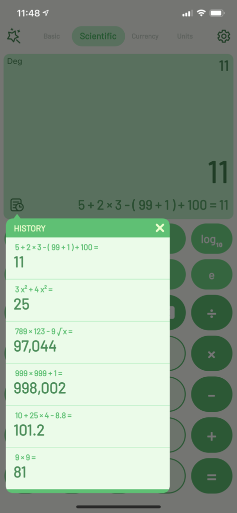 Interfaz de calculadora científica mostrando un registro de historial de cálculos recientes en la aplicación Super Calculator.