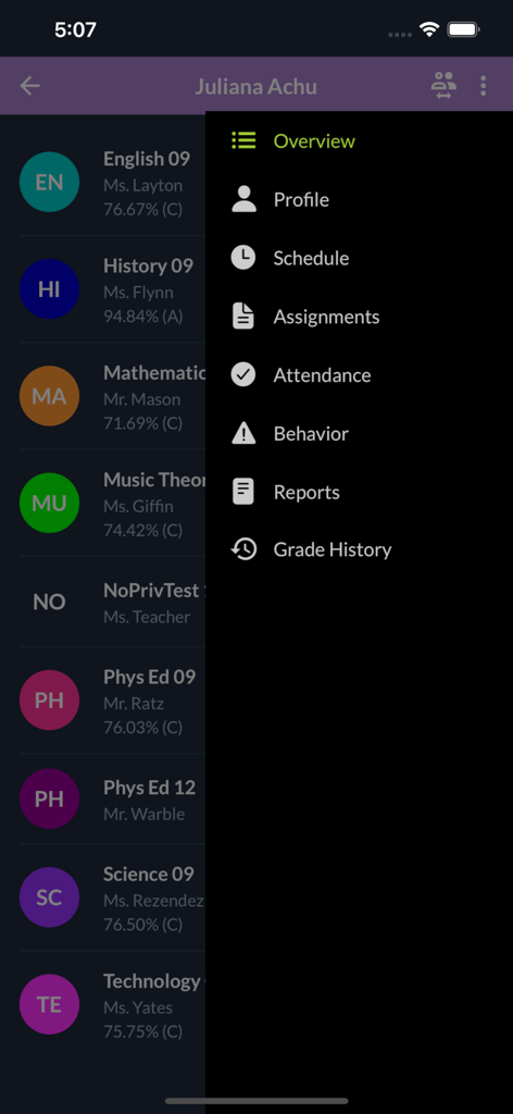 iGradePlus - iGradePlus app navigation menu with options for student profile, schedule, assignments, and attendance.