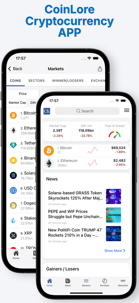 CoinLore Cryptocurrency Prices - CoinLore cryptocurrency app interface showing market data and news on mobile devices