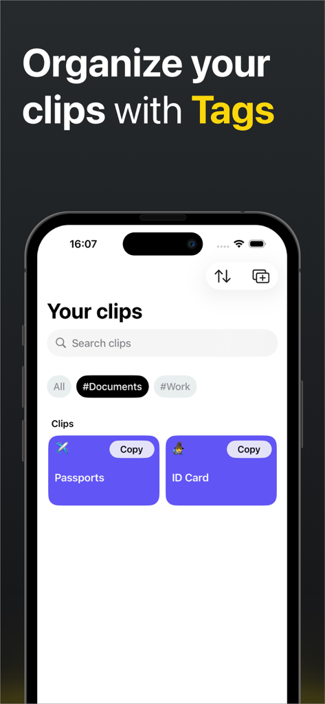Clipboard PRO: Paste Anywhere - Interface of Clipboard PRO app showing clips organized with document and work tags