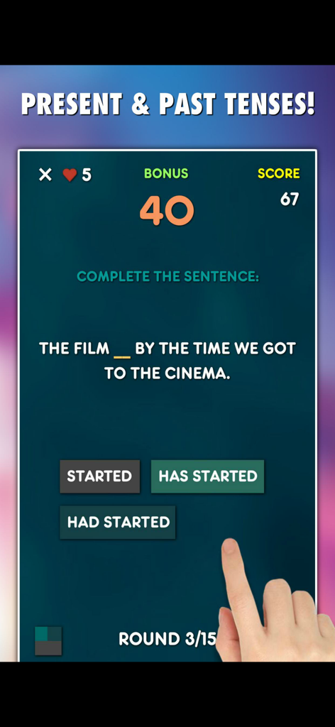 English Grammar Games 10-in-1 - English Grammar Games app interface showing a past tenses quiz with multiple choice options