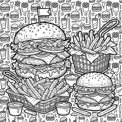Get ready to color an incredibly detailed feast with our Burgers & Fries coloring page, perfect for teens. Explore towering burgers, crispy fries, and delightful food patterns designed to spark creativity.