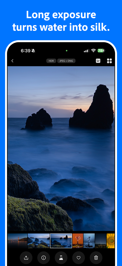 Project Indigo app interface displaying a long exposure photo of a rocky coastline with a smooth water effect
