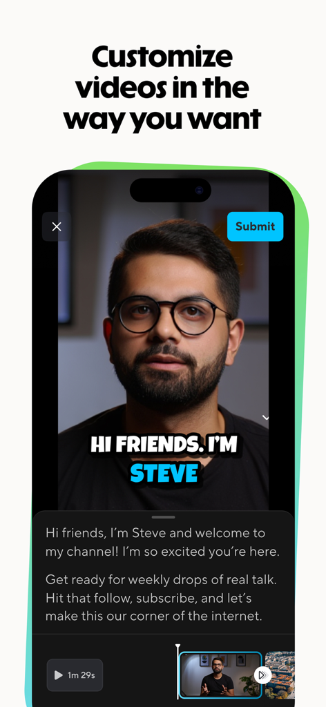 HeyGen: AI Video Generator - Interfaccia del generatore di video AI che mostra un avatar maschile realistico e uno script di testo per la creazione di contenuti