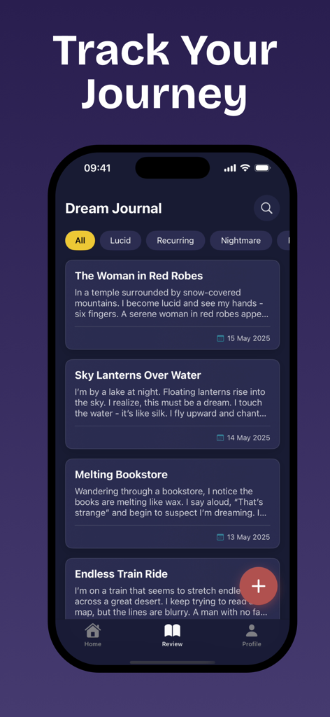 Mindful Slumber: Dream Yoga - Dream journal interface in the Mindful Slumber app displaying a list of recorded dream entries
