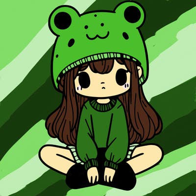 a girl wearing a frog hat and some frog socks