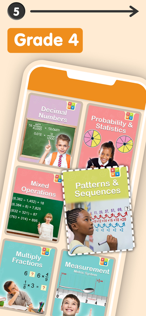 Grade 4 math curriculum topics in the Smart Kidz Club app including decimal numbers fractions and probability