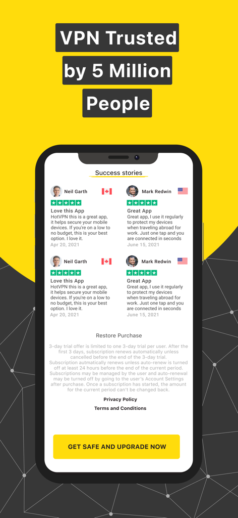 Screenshot of HOTVPN app showing user testimonials and five star ratings under the headline VPN Trusted by 5 Million People