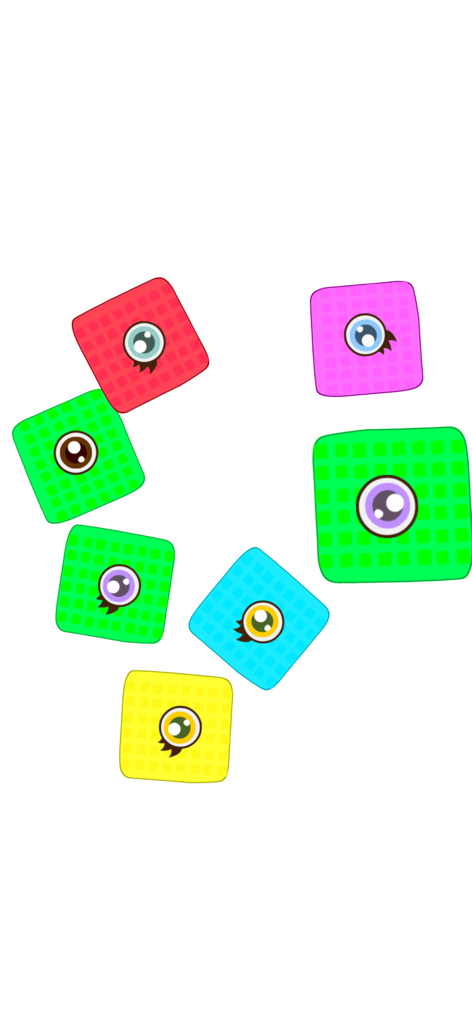 My funny RATTLE for baby! - Colorful square characters with eyes on a white background in the baby rattle app.