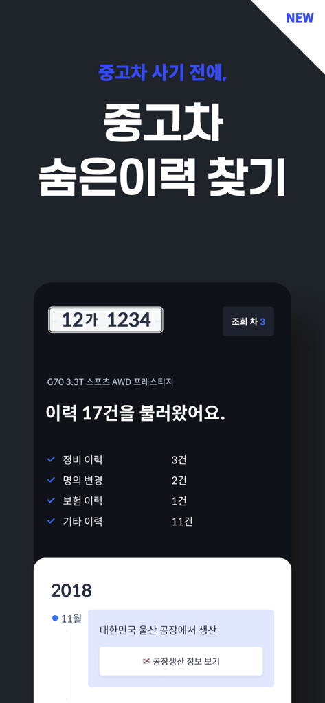 헤이딜러 - 번호판 시세, 내차팔기 - Hey Dealer app interface displaying hidden vehicle history including maintenance records, ownership changes, and insurance details.