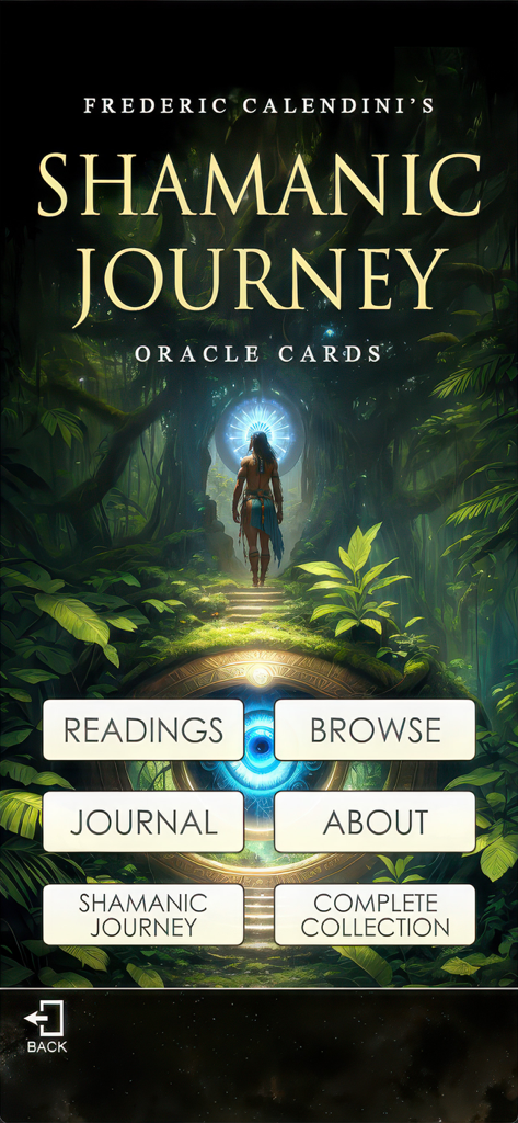 Shamanic Oracle Cards - Startbildschirm der mobilen App Schamanische Reise Orakelkarten mit Navigationsschaltflächen und einer schamanischen Dschungel-Illustration.