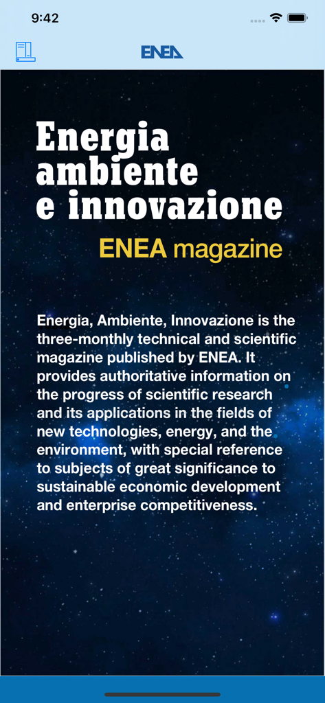 Introductory screen of the ENEA EAI magazine titled Energia ambiente e innovazione with a description of its scientific focus on energy and environment