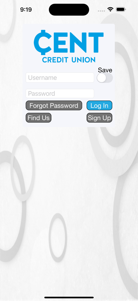 CENT Credit Unionモバイルアプリのログイン画面。ユーザー名とパスワードのフィールドが表示されています。
