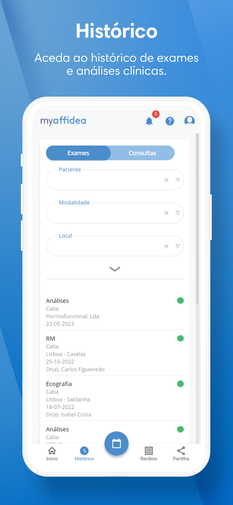 My Affidea Portugal - My Affidea Portugal app displaying medical exam history and clinical analysis results