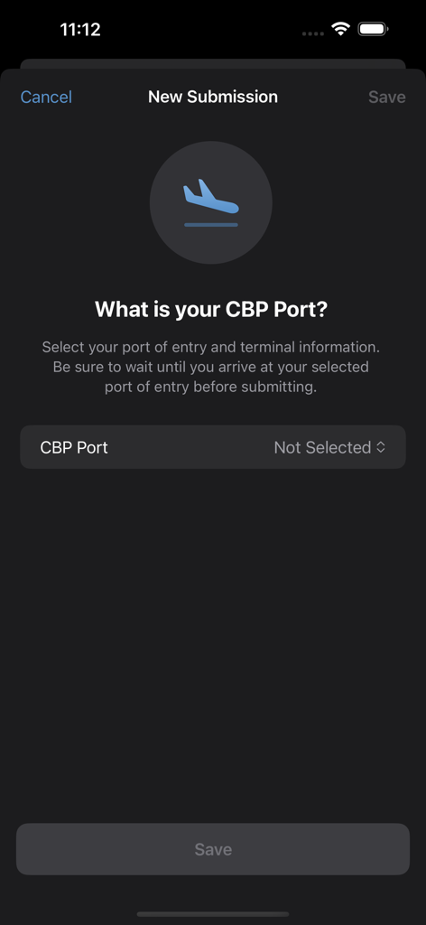 Global Entry Mobile - Screen for selecting a CBP port and terminal in the Global Entry Mobile app.