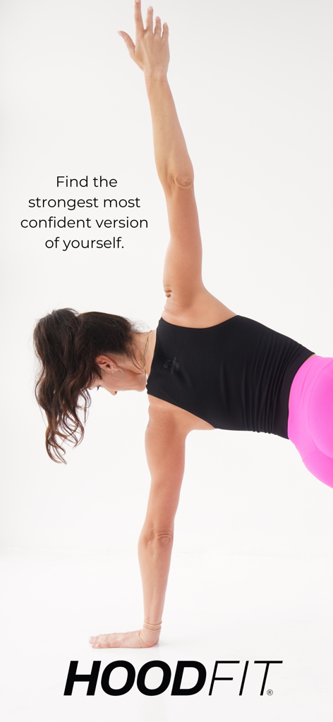A woman performing a side plank exercise with the text Find the strongest most confident version of yourself