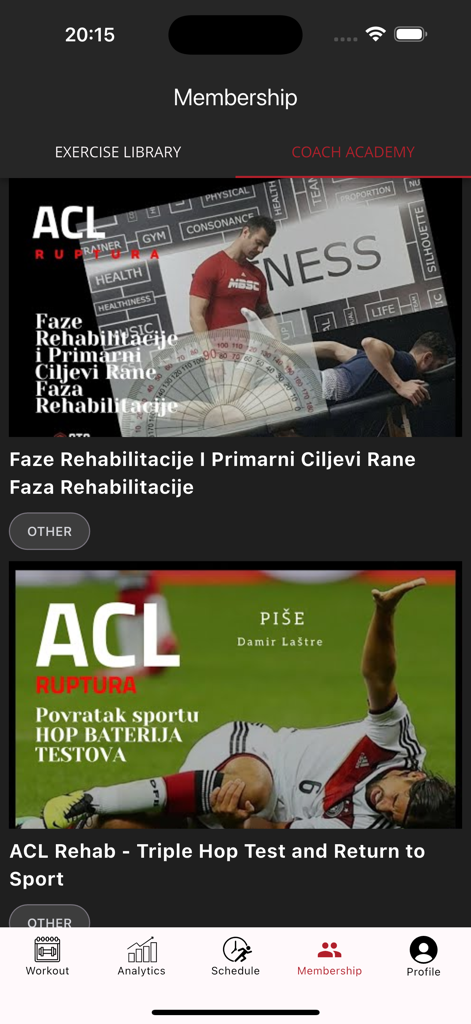 Mitgliederseite der Smart Training CRO App mit Inhalten zur ACL-Rehabilitation und Rückkehr zum Sport