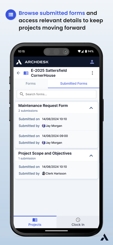 Mobile interface of Archdesk Lite showing a list of submitted maintenance request forms for a construction project.
