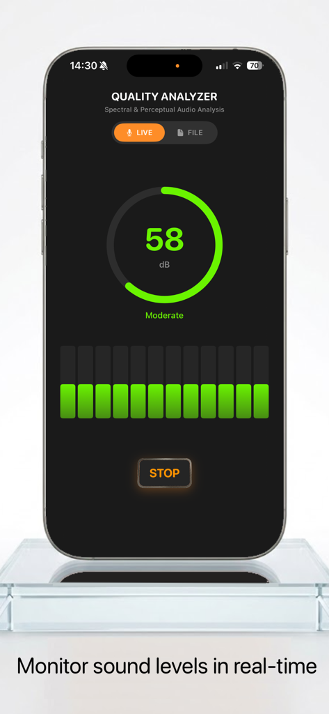 Tela do smartphone mostrando o aplicativo Quality Analyzer no Modo Ao Vivo monitorando níveis de som a 58 decibéis.