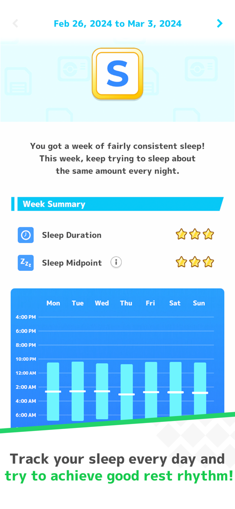 Pokémon Sleep - 일관성 S 등급과 일일 수면 시간 막대 차트가 포함된 Pokémon Sleep 앱의 주간 수면 요약 스크린샷.