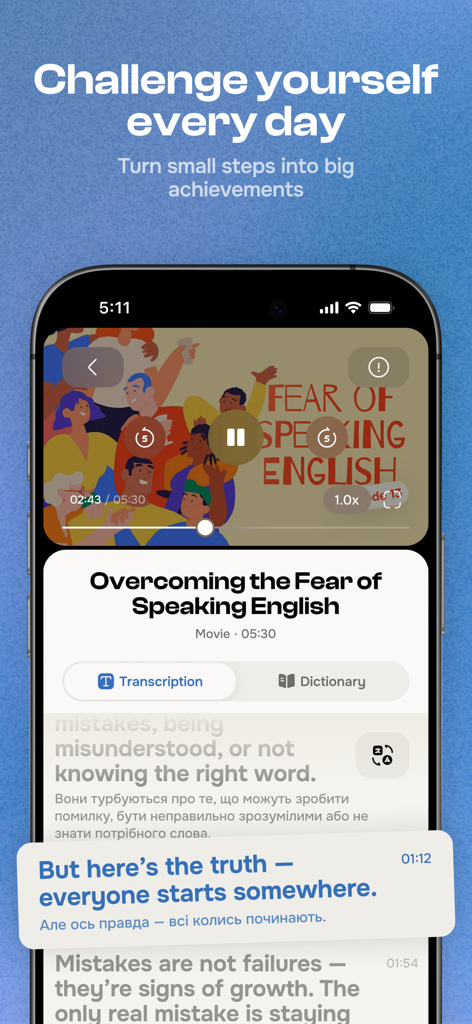 English Club - Daily Challenge - Una interfaz de lección en video de la aplicación English Club titulada Superando el miedo a hablar inglés con texto de transcripción