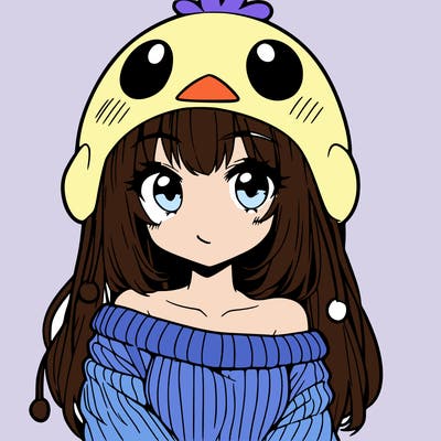 anime girl with chick shaped hat with sweater with bare shoulders with bangs covering them one eye with low tail