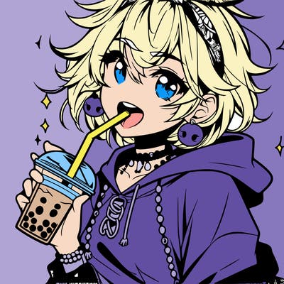 hot baddie anime girl drinking boba and biting the straw