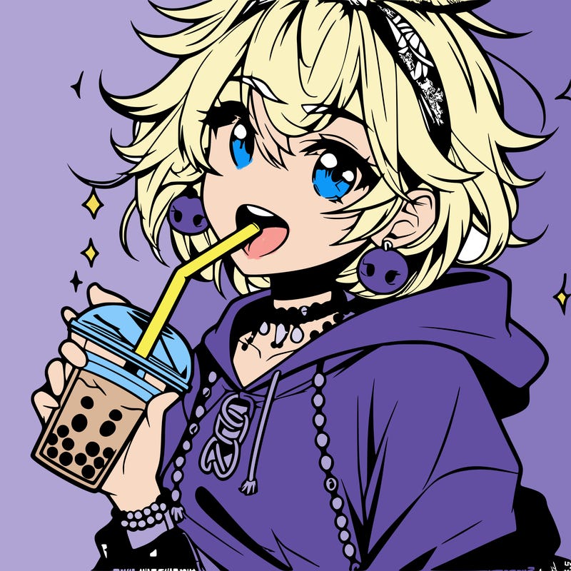 hot baddie anime girl drinking boba and biting the straw