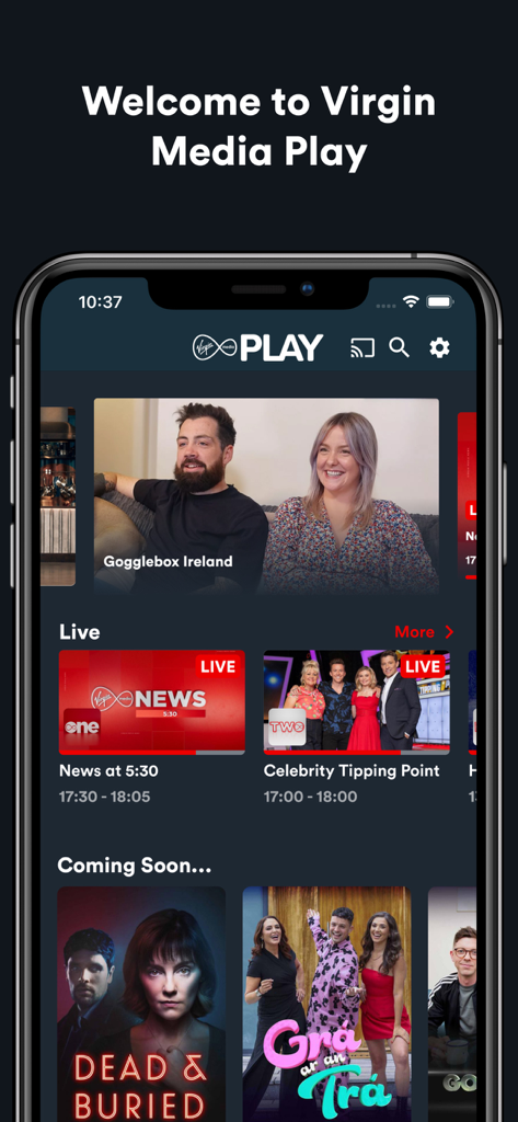 Virgin Media Play - Interfaz de la aplicación Virgin Media Play mostrando canales de televisión irlandeses en vivo y programas destacados como Gogglebox Ireland