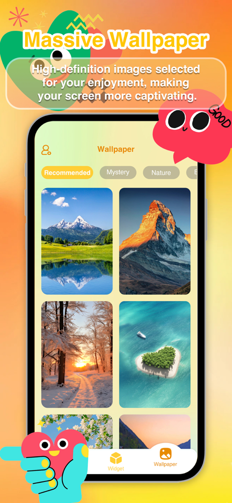 A mobile app interface showcasing a variety of high-definition landscape wallpapers for home screen personalization.