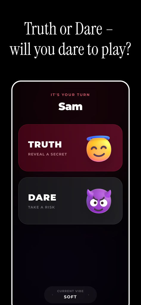 Tela do jogo mobile mostrando opções de Verdade e Consequência para o jogador Sam