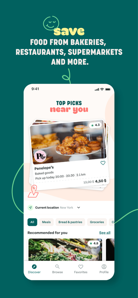 Too Good To Go: End Food Waste - Benutzeroberfläche der Too Good To Go App mit den besten Empfehlungen für überschüssige Lebensmitteltüten von lokalen Bäckereien und Restaurants